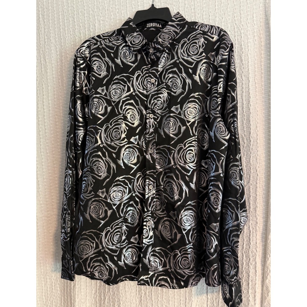 ZEROYAA hipster button Down Shirt Mens L Black Silver Excellent Metallic Rose